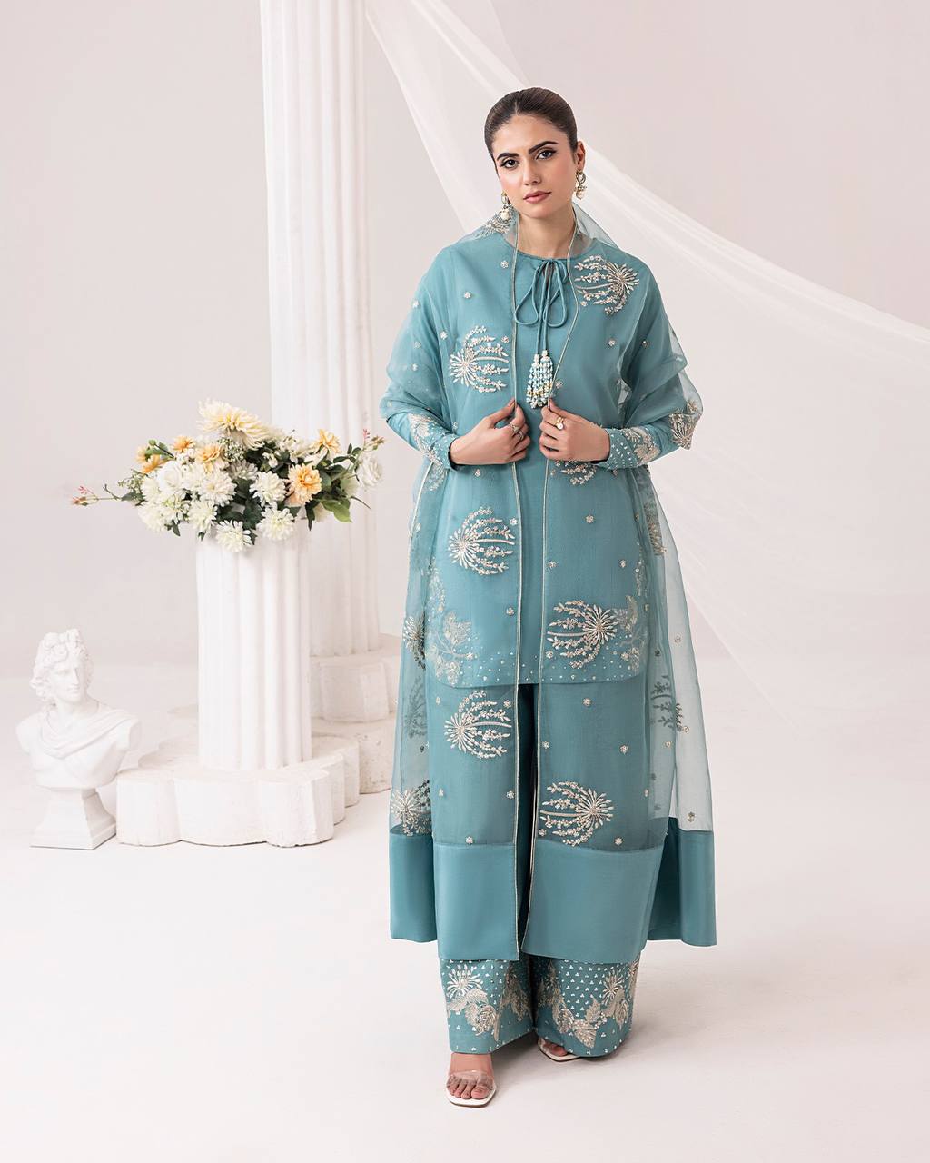 Sky Blue Designer Pure Natural Crepe Embroidered Suit Set with Tassel Detail & Organza Dupatta
