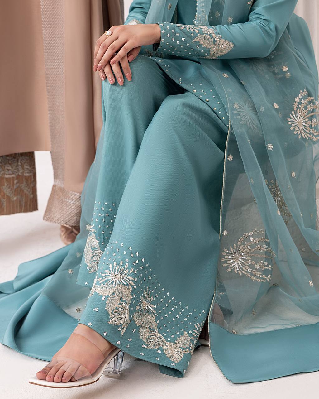 Sky Blue Designer Pure Natural Crepe Embroidered Suit Set with Tassel Detail & Organza Dupatta