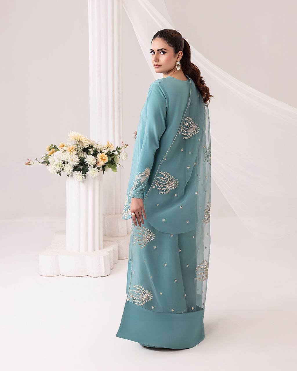 Sky Blue Designer Pure Natural Crepe Embroidered Suit Set with Tassel Detail & Organza Dupatta