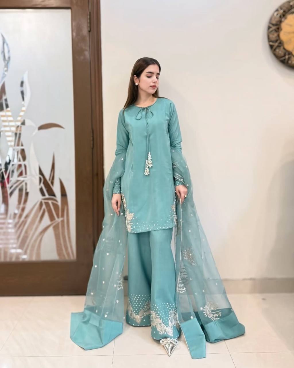 Sky Blue Designer Pure Natural Crepe Embroidered Suit Set with Tassel Detail & Organza Dupatta