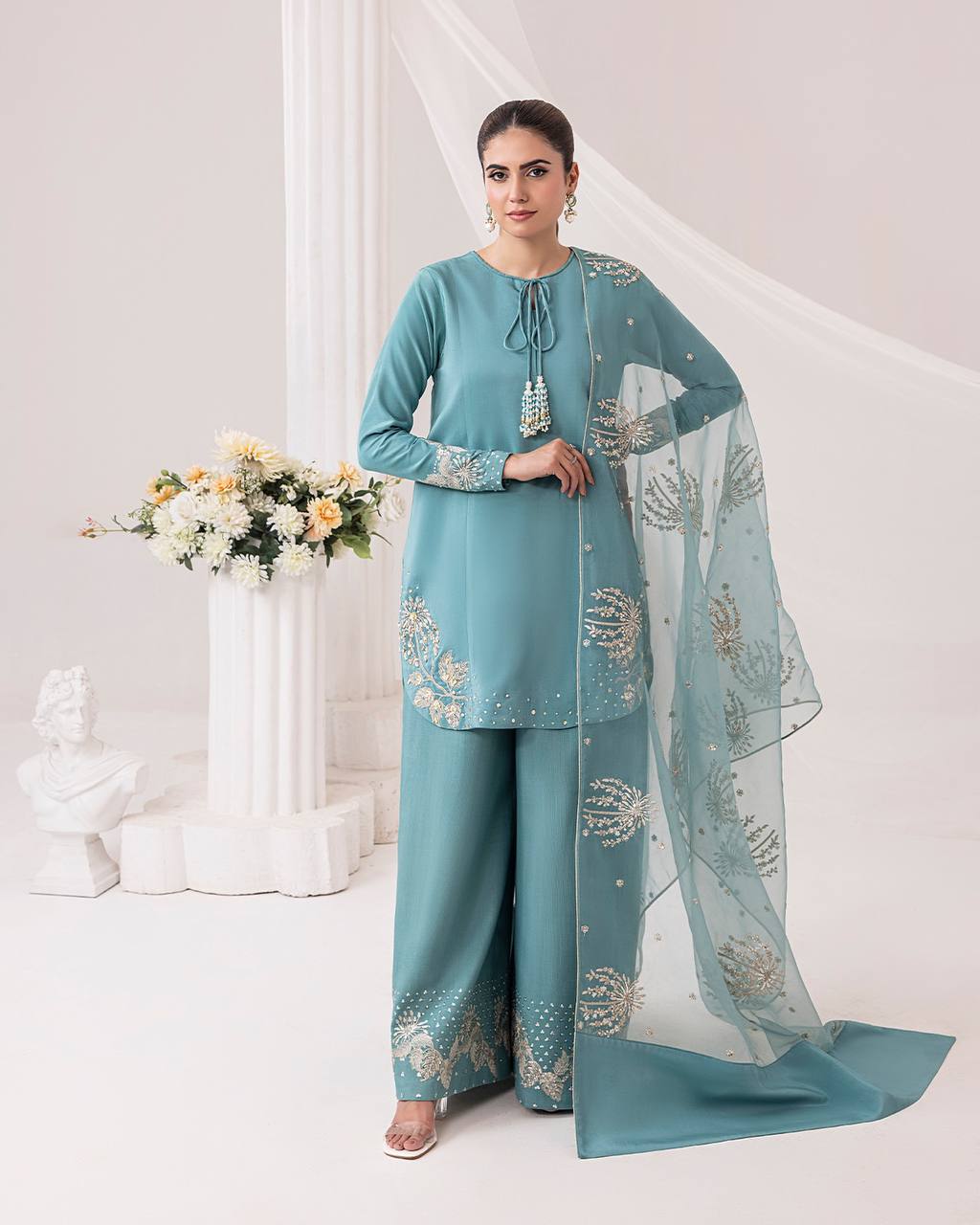 Sky Blue Designer Pure Natural Crepe Embroidered Suit Set with Tassel Detail & Organza Dupatta