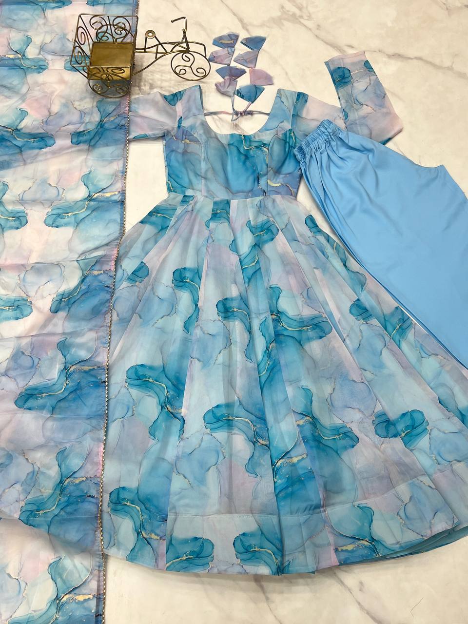 Sky Blue Designer Pure Organza Silk Marble Print Anarkali Set with Dupatta & Pant