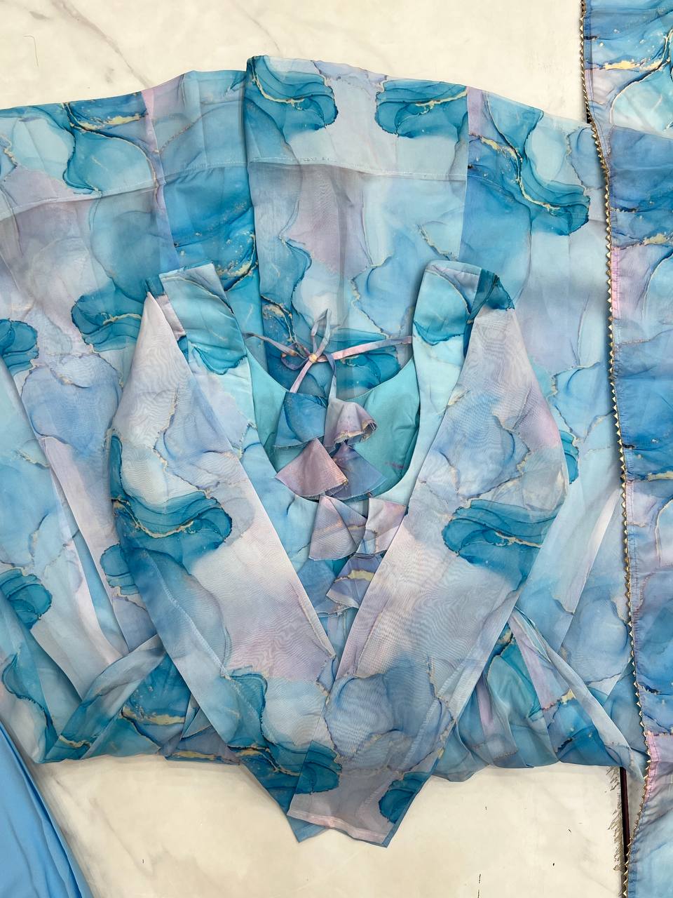 Sky Blue Designer Pure Organza Silk Marble Print Anarkali Set with Dupatta & Pant