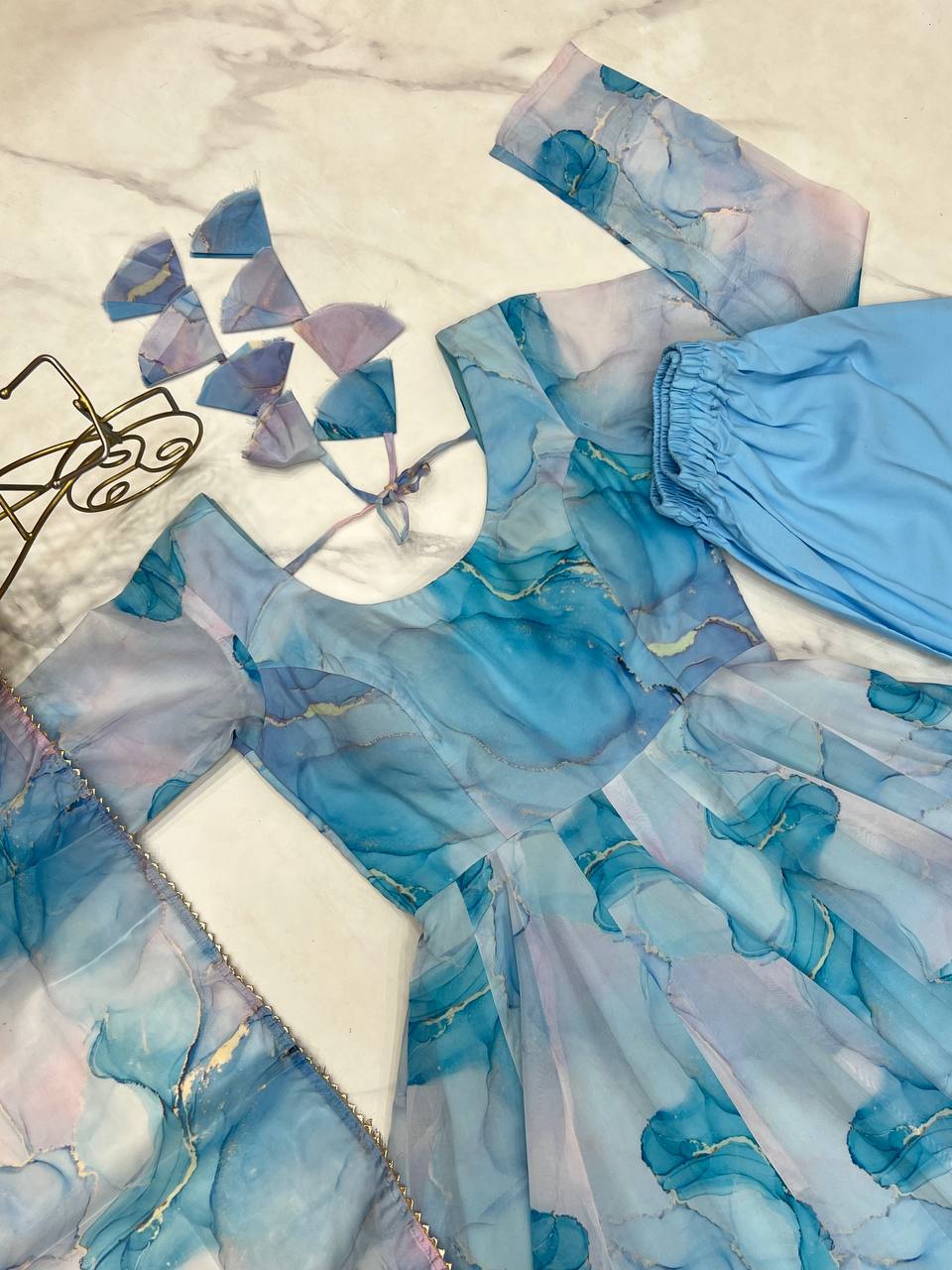 Sky Blue Designer Pure Organza Silk Marble Print Anarkali Set with Dupatta & Pant
