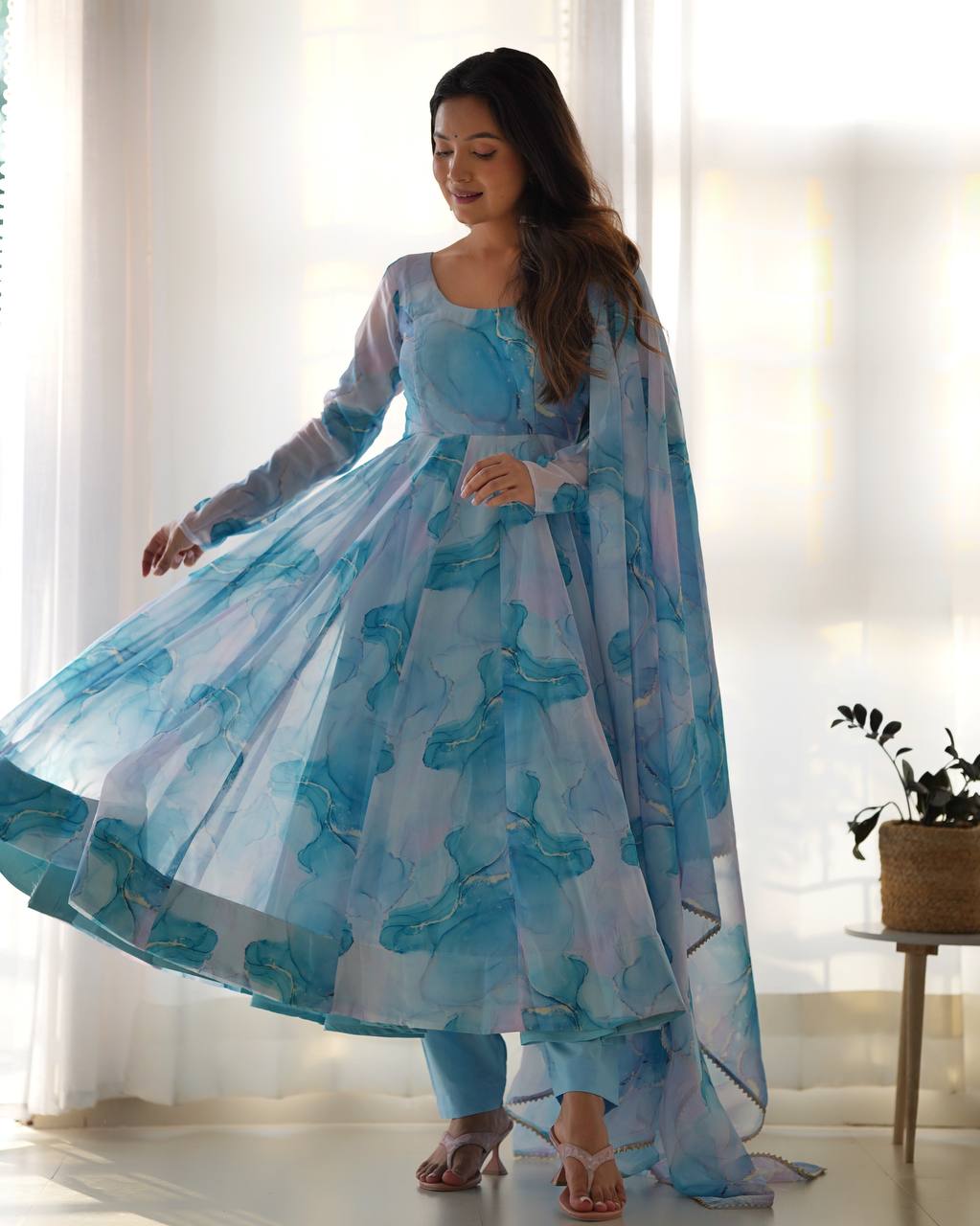 Sky Blue Designer Pure Organza Silk Marble Print Anarkali Set with Dupatta & Pant