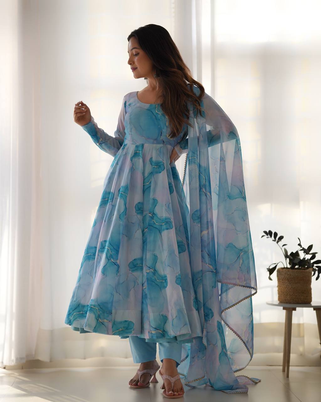 Sky Blue Designer Pure Organza Silk Marble Print Anarkali Set with Dupatta & Pant