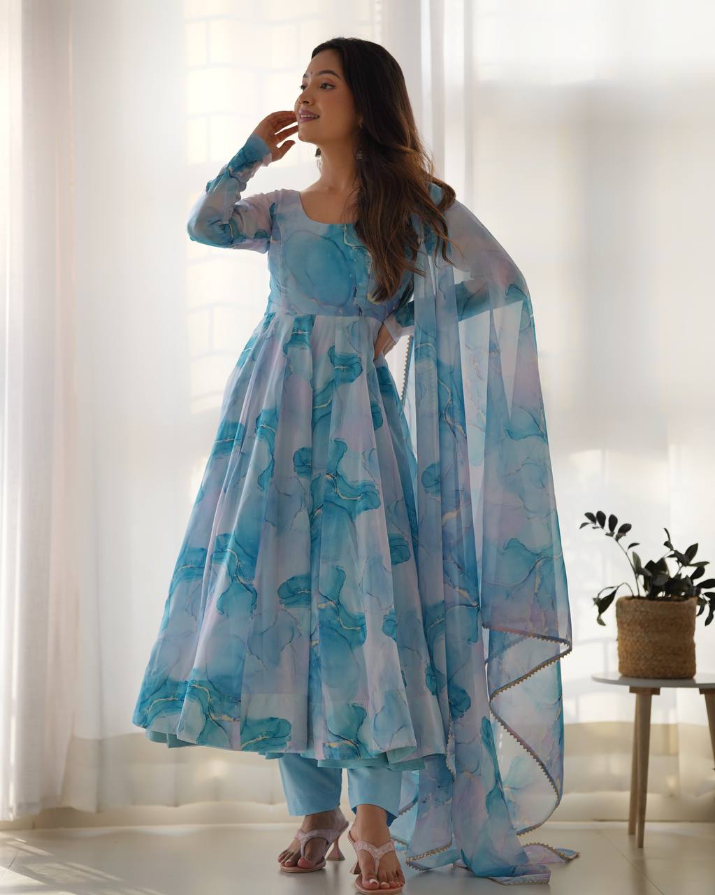 Sky Blue Designer Pure Organza Silk Marble Print Anarkali Set with Dupatta & Pant