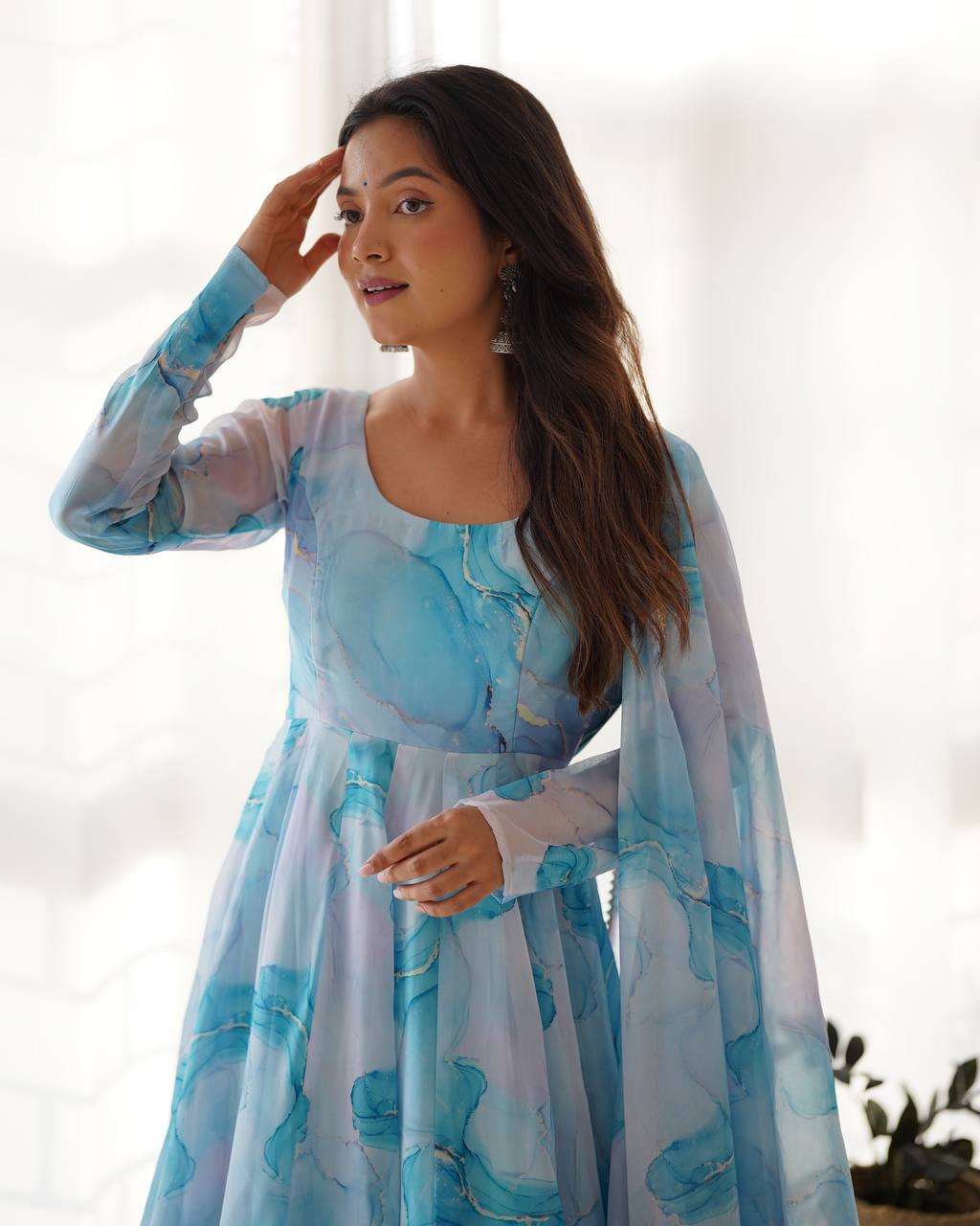 Sky Blue Designer Pure Organza Silk Marble Print Anarkali Set with Dupatta & Pant