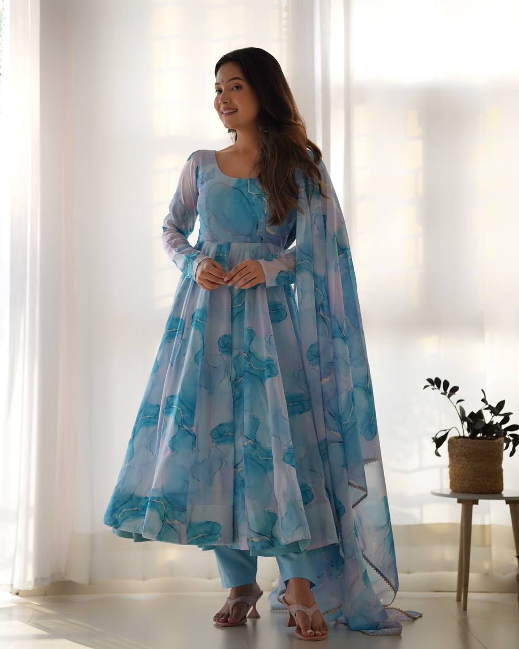 Sky Blue Designer Pure Organza Silk Marble Print Anarkali Set with Dupatta & Pant