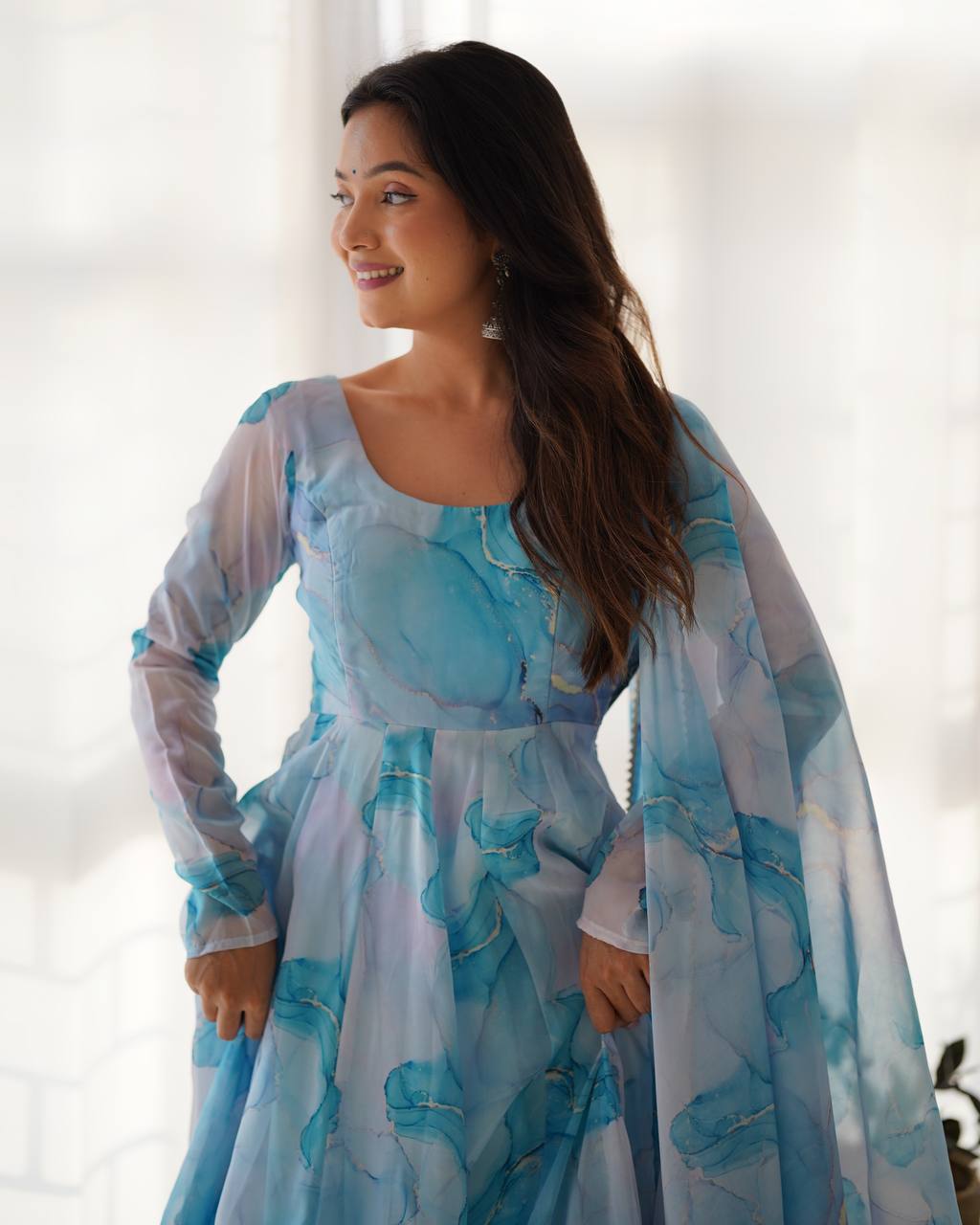 Sky Blue Designer Pure Organza Silk Marble Print Anarkali Set with Dupatta & Pant