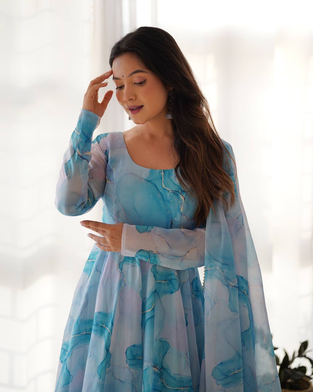 Sky Blue Designer Pure Organza Silk Marble Print Anarkali Set with Dupatta & Pant