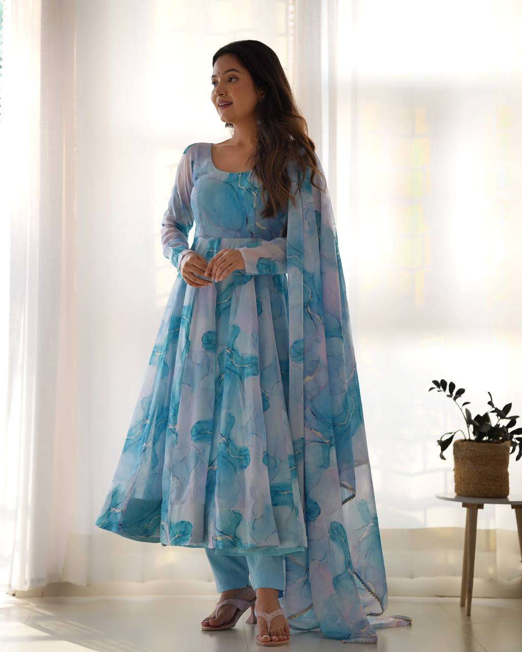Sky Blue Designer Pure Organza Silk Marble Print Anarkali Set with Dupatta & Pant