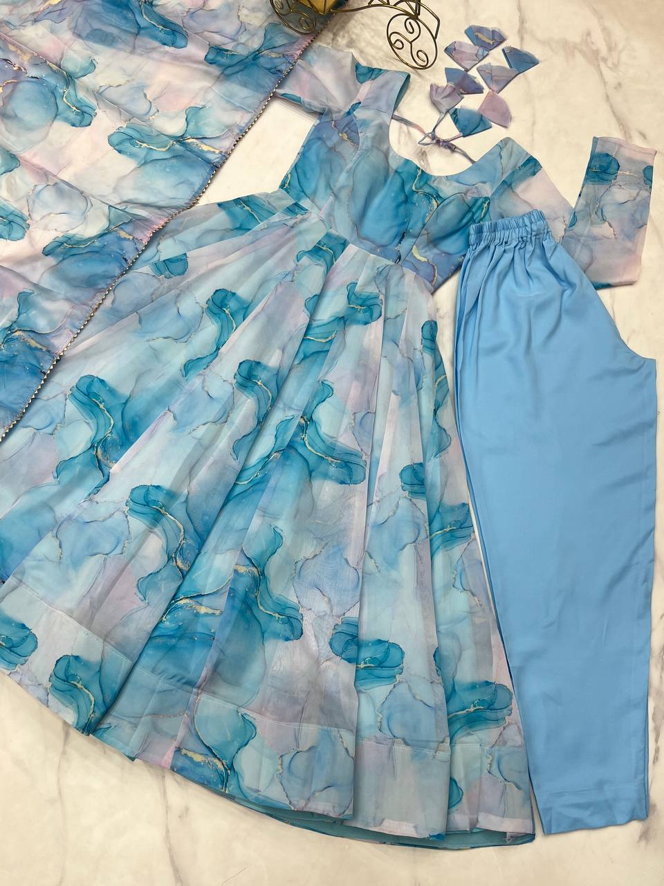 Sky Blue Designer Pure Organza Silk Marble Print Anarkali Set with Dupatta & Pant