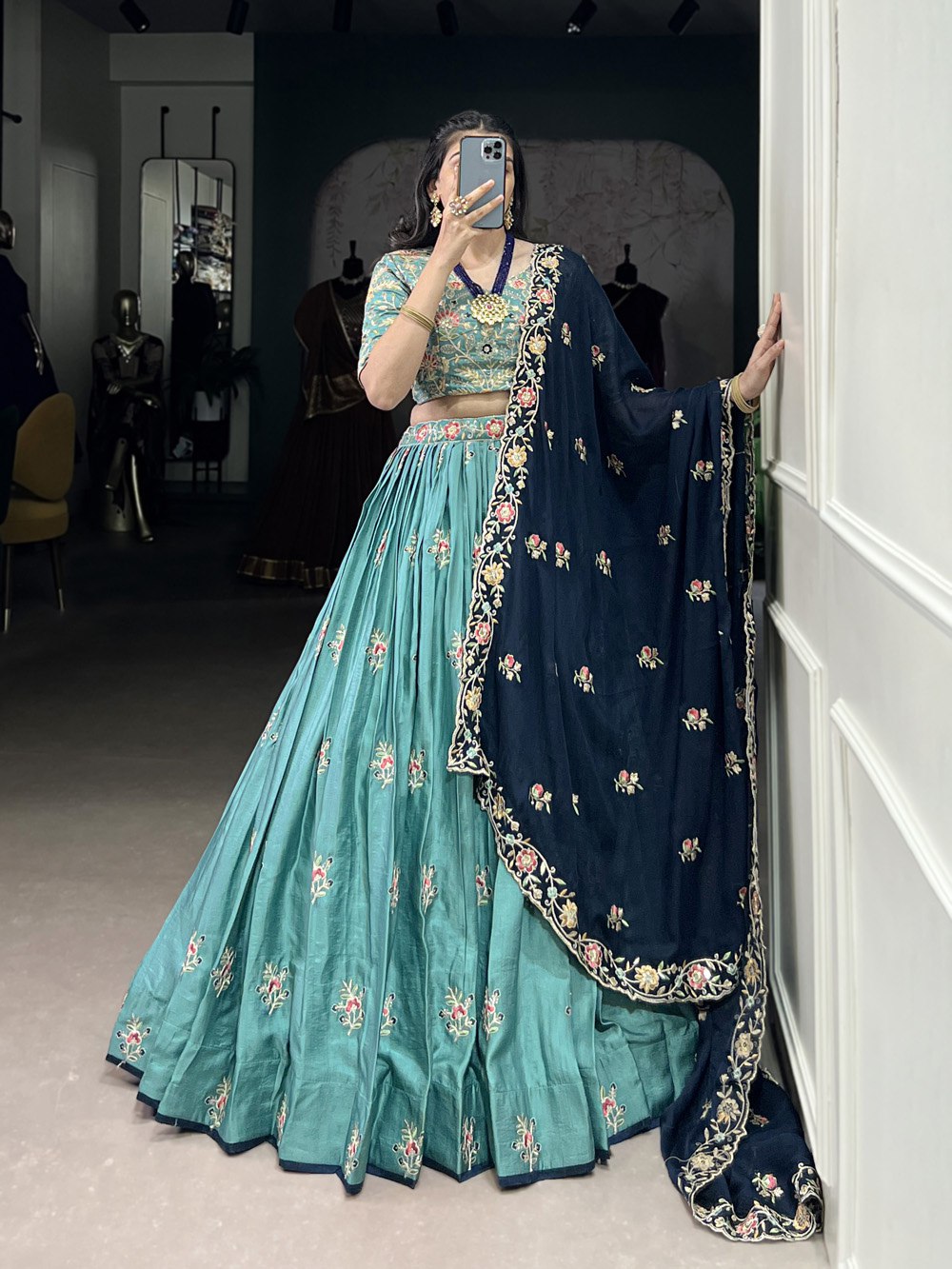 Sky Blue Designer Slab Silk Embroidered Lehenga Choli Set with Chiffon Dupatta