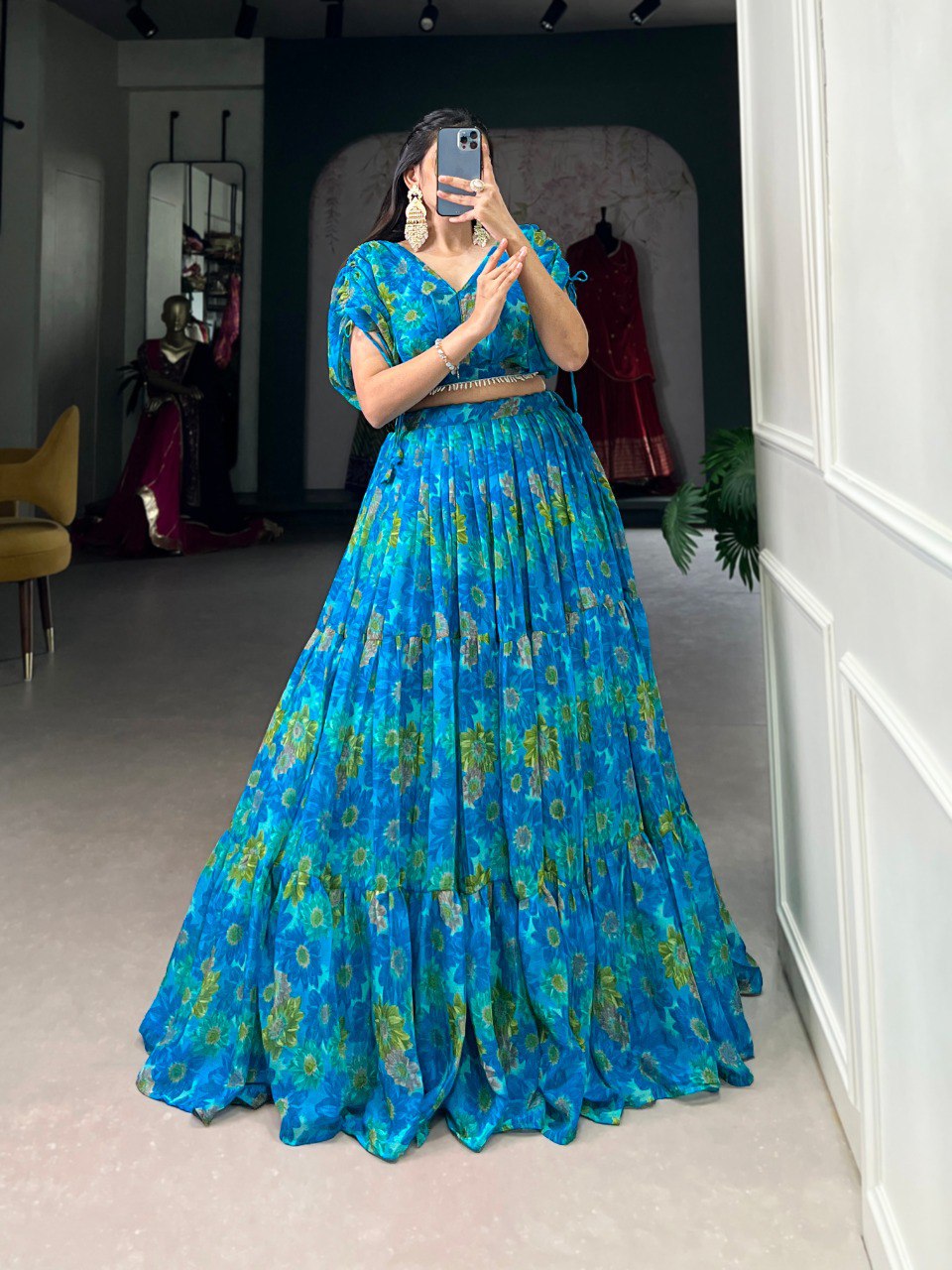 Sky Blue Effortless Elegance Chiffon Floral Print Co-ord Set