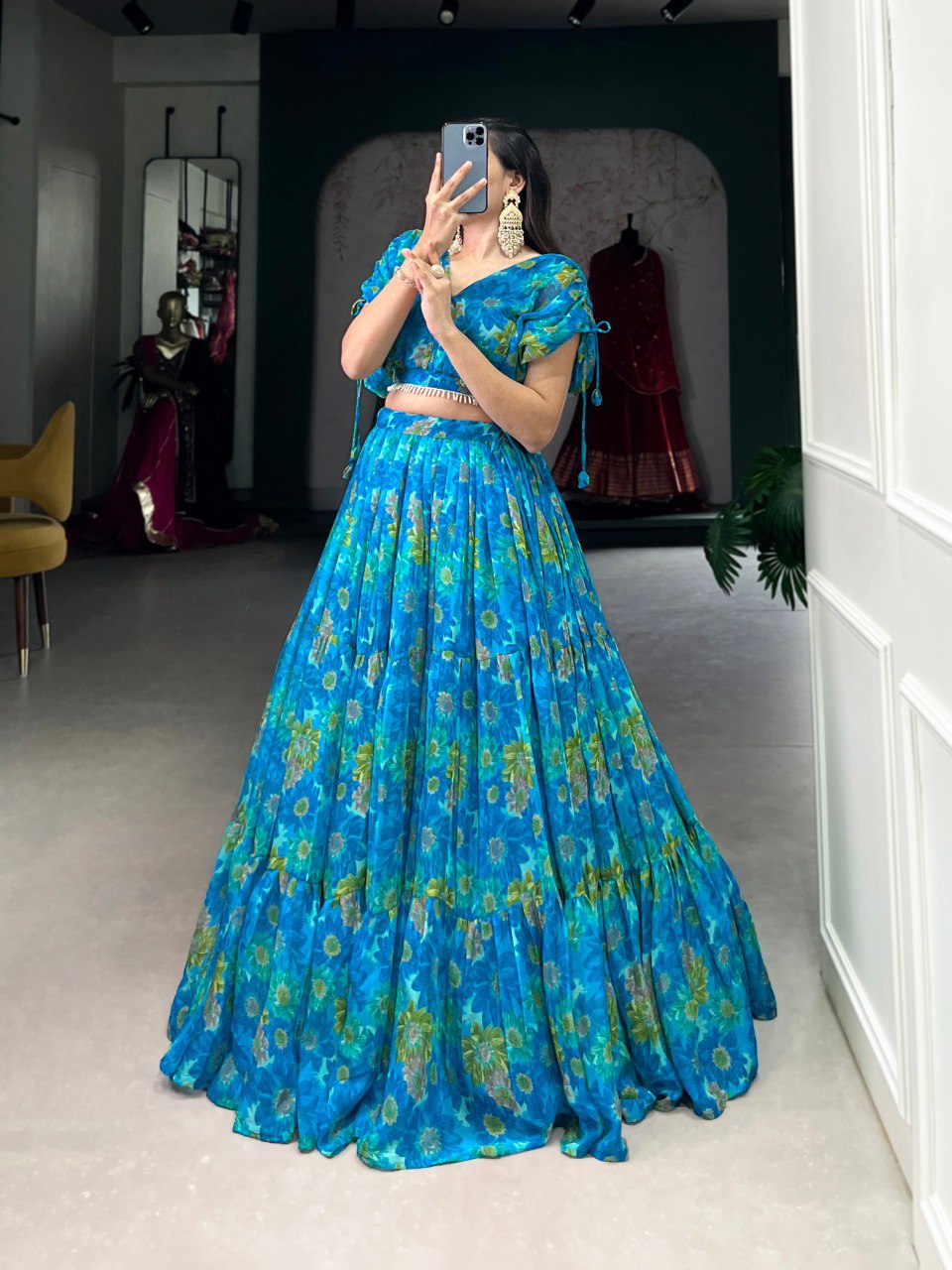 Sky Blue Effortless Elegance Chiffon Floral Print Co-ord Set