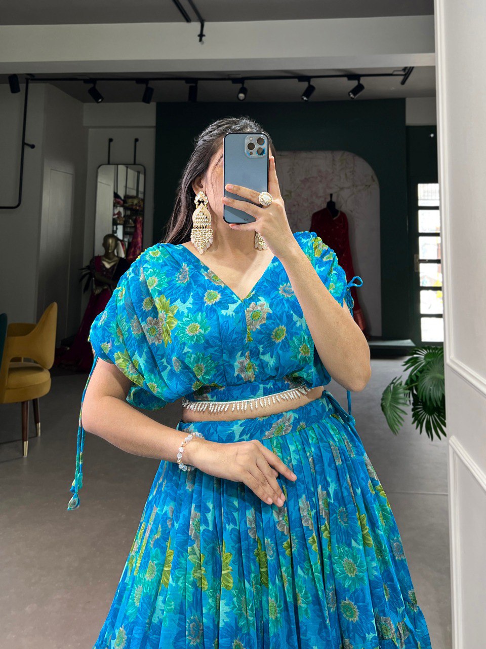Sky Blue Effortless Elegance Chiffon Floral Print Co-ord Set