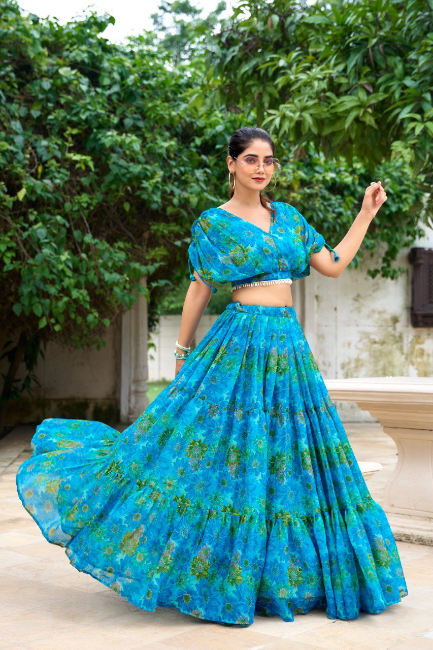 Sky Blue Effortless Elegance Chiffon Floral Print Co-ord Set
