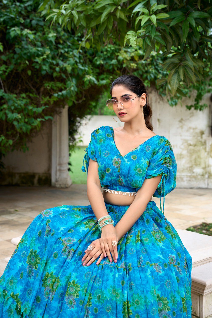 Sky Blue Effortless Elegance Chiffon Floral Print Co-ord Set
