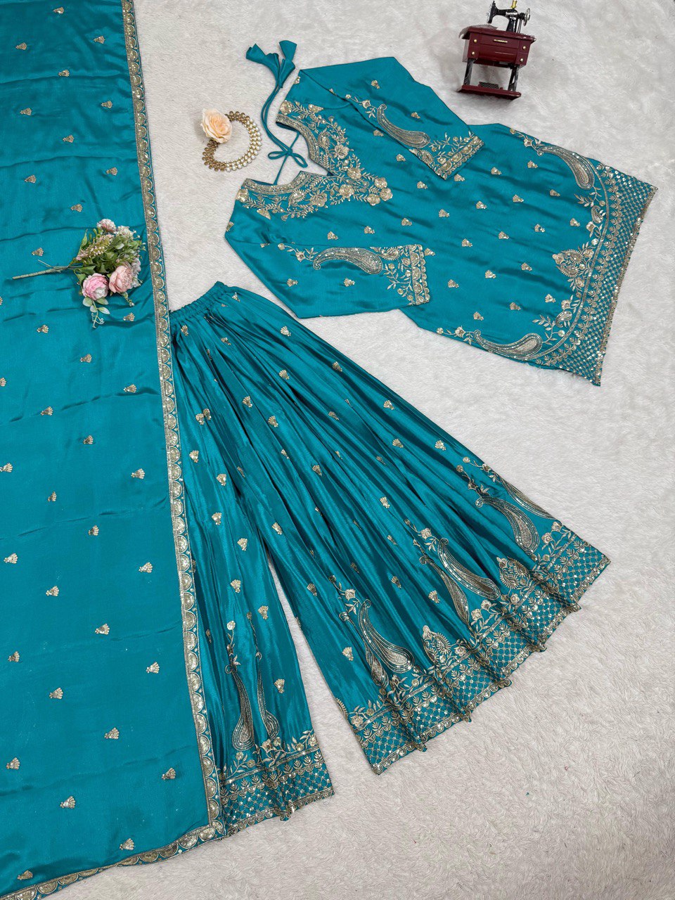 Sky Blue Elegant Chinon Silk 3-Piece Suit Set with Sequin Embroidery & Lace Border Dupatta
