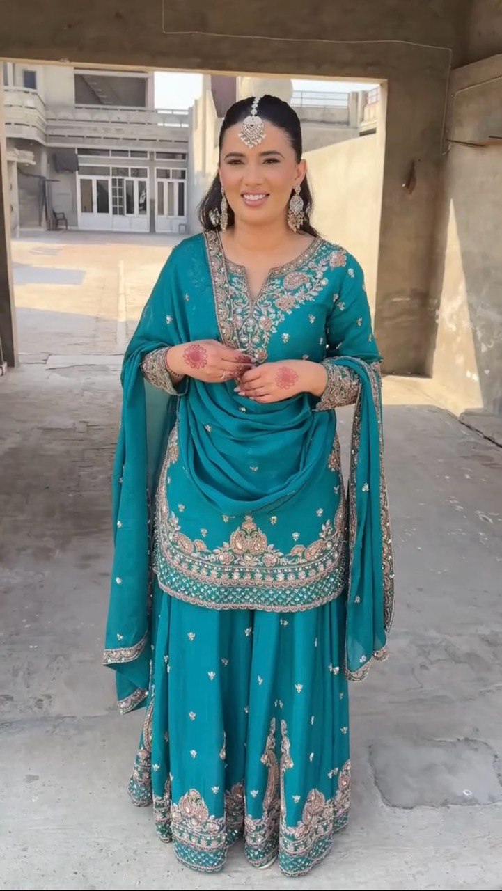 Sky Blue Elegant Chinon Silk 3-Piece Suit Set with Sequin Embroidery & Lace Border Dupatta
