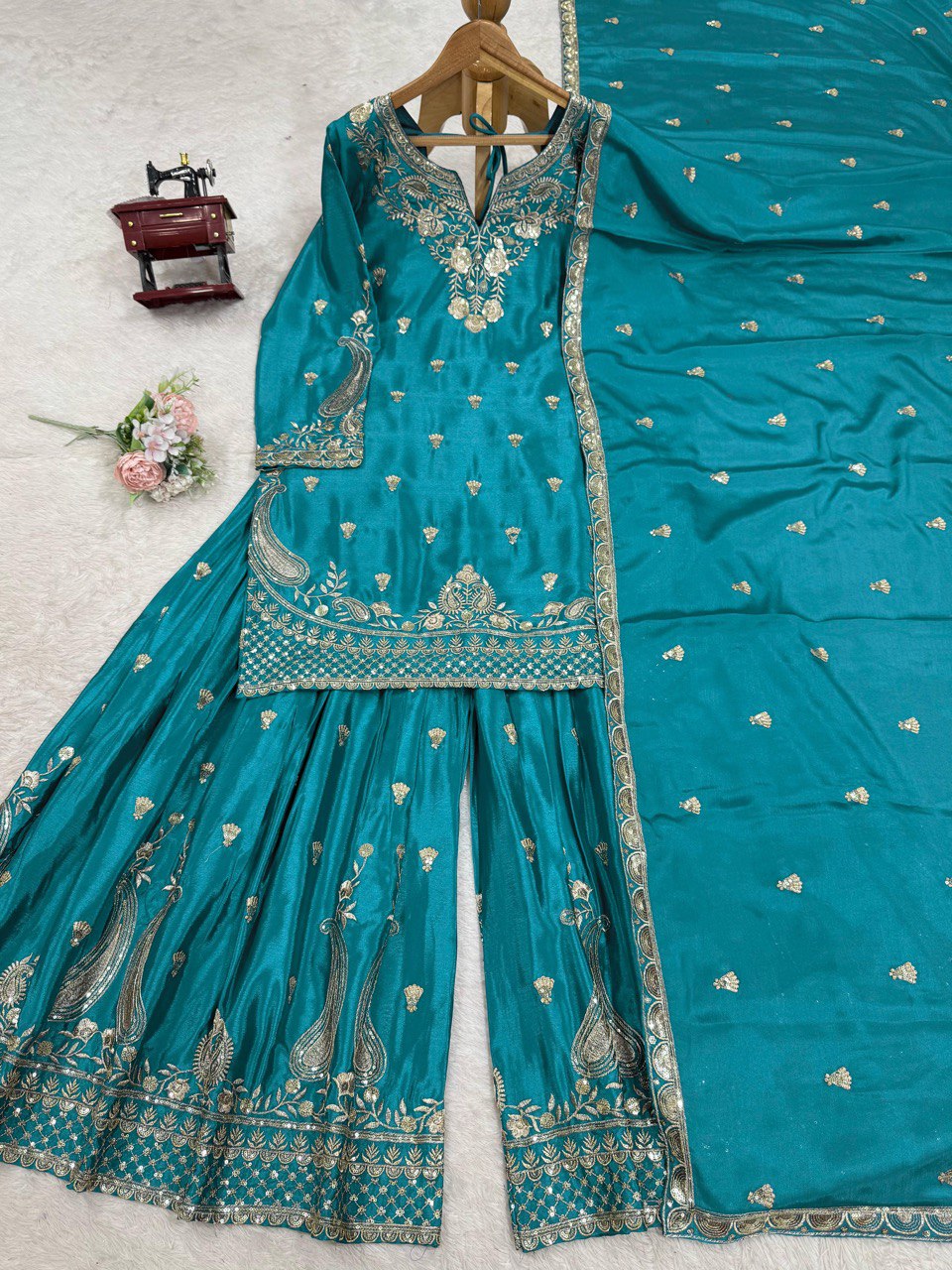 Sky Blue Elegant Chinon Silk 3-Piece Suit Set with Sequin Embroidery & Lace Border Dupatta