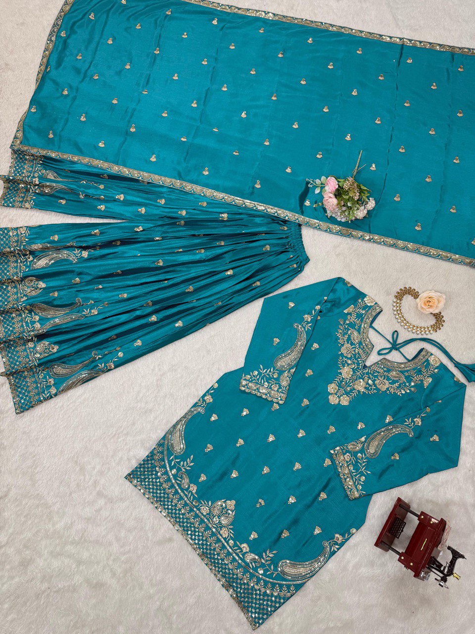 Sky Blue Elegant Chinon Silk 3-Piece Suit Set with Sequin Embroidery & Lace Border Dupatta