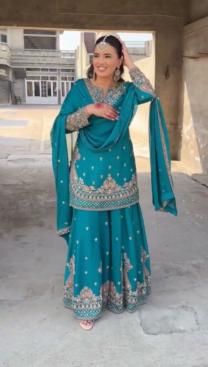 Sky Blue Elegant Chinon Silk 3-Piece Suit Set with Sequin Embroidery & Lace Border Dupatta
