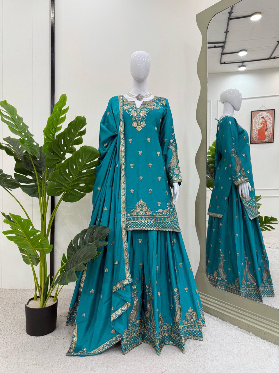 Sky Blue Elegant Chinon Silk 3-Piece Suit Set with Sequin Embroidery & Lace Border Dupatta