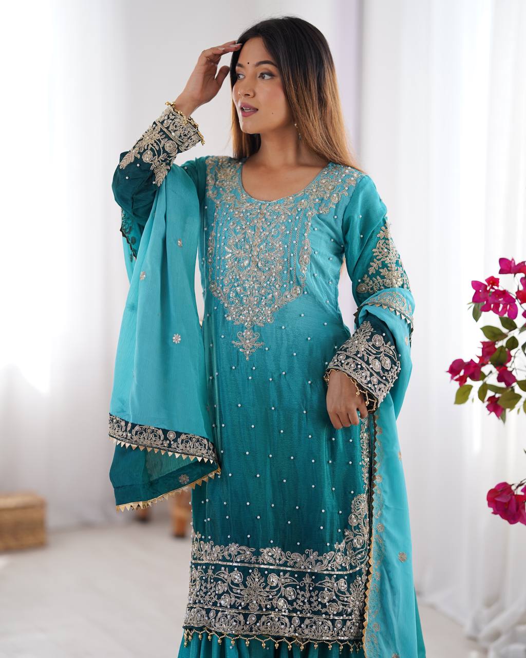 Sky Blue Elegant Chinon Silk Ensemble – Top, Plazo & Dupatta