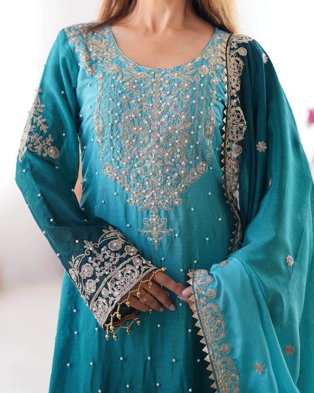 Sky Blue Elegant Chinon Silk Ensemble – Top, Plazo & Dupatta