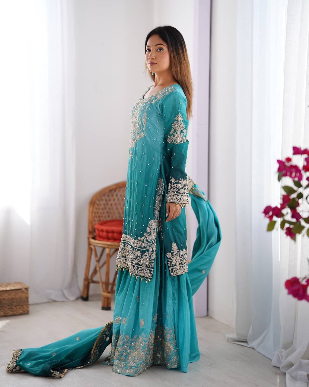 Sky Blue Elegant Chinon Silk Ensemble – Top, Plazo & Dupatta