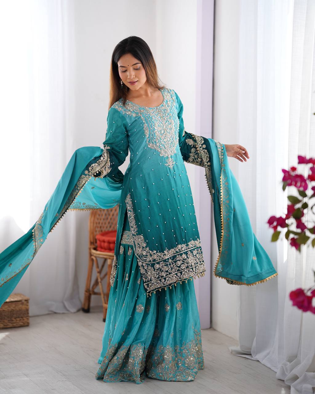 Sky Blue Elegant Chinon Silk Ensemble – Top, Plazo & Dupatta