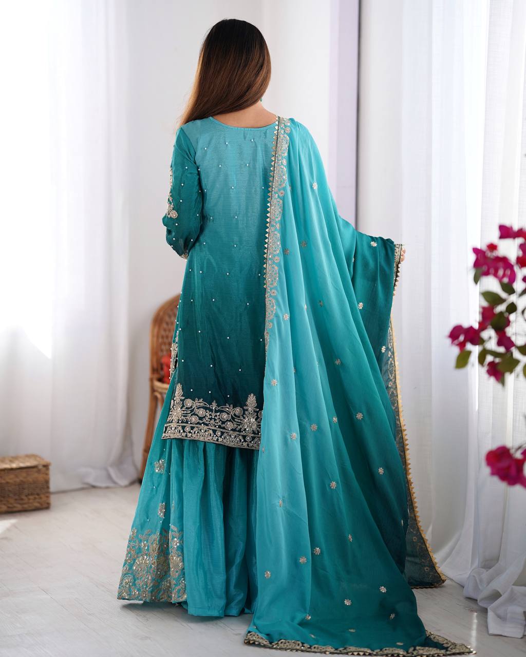 Sky Blue Elegant Chinon Silk Ensemble – Top, Plazo & Dupatta