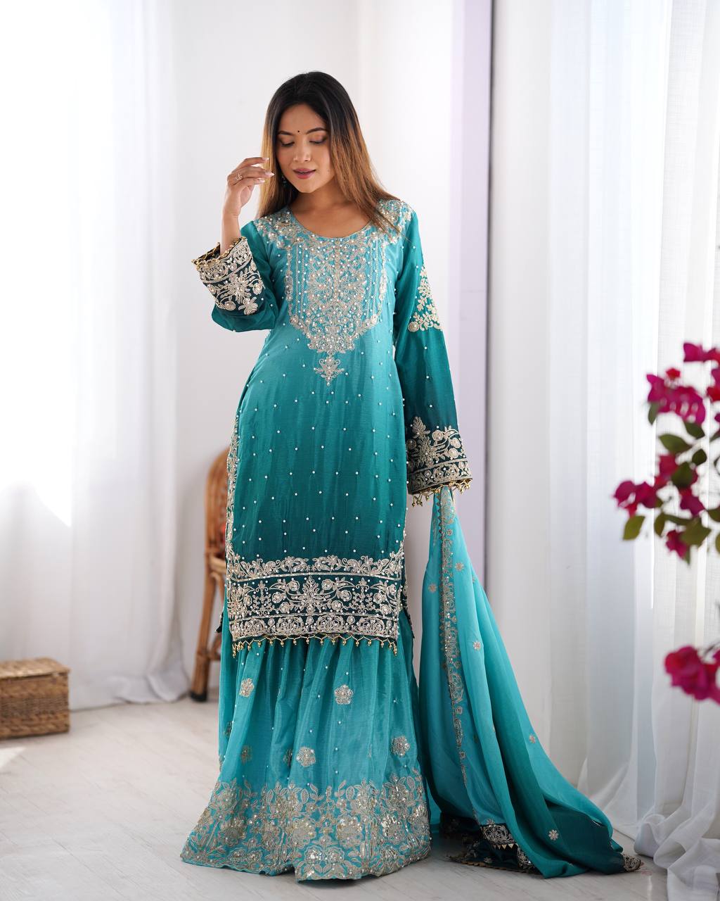 Sky Blue Elegant Chinon Silk Ensemble – Top, Plazo & Dupatta