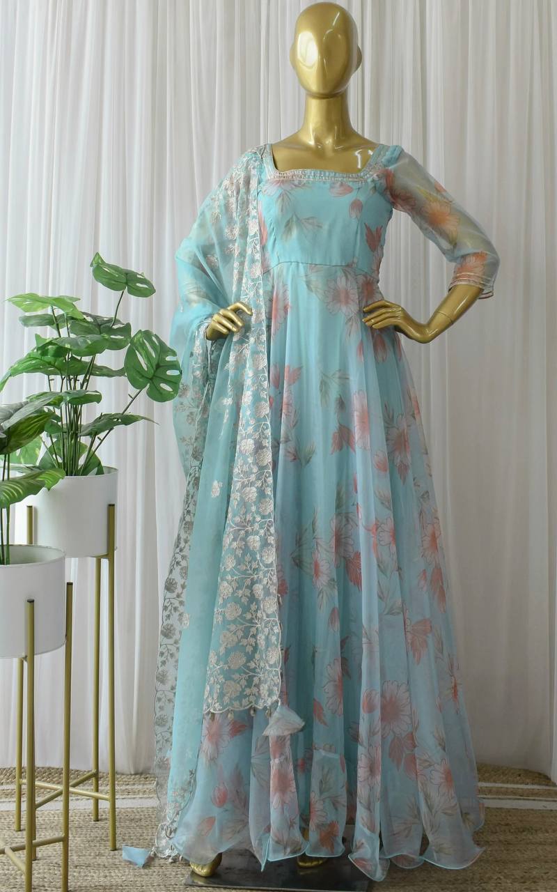 Sky Blue Elegant Designer Party Wear Fancy Gown & Dupatta Set with Digital Print