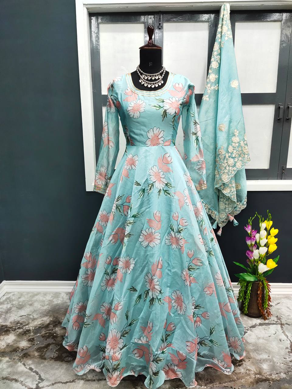 Sky Blue Elegant Designer Party Wear Fancy Gown & Dupatta Set with Digital Print