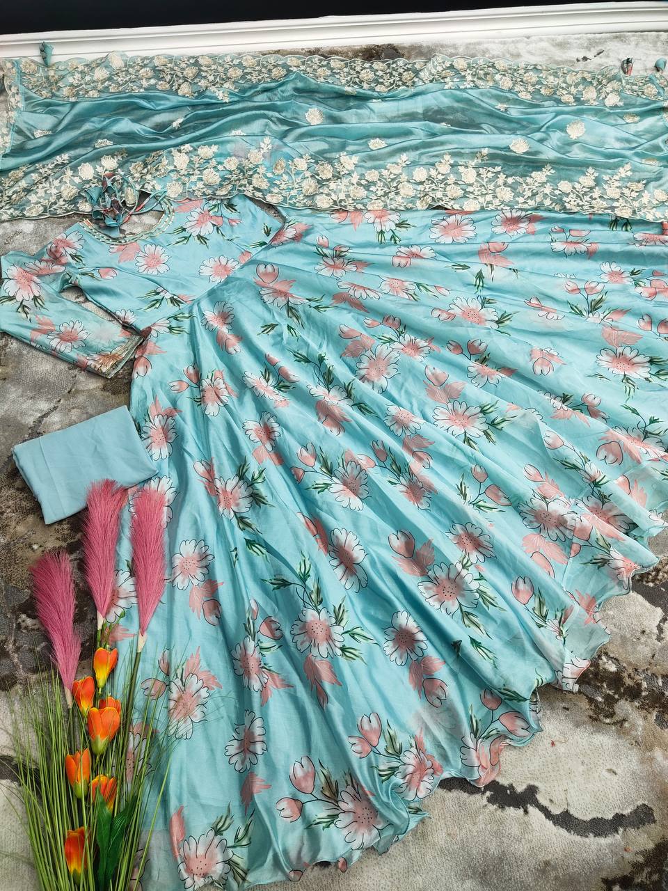 Sky Blue Elegant Designer Party Wear Fancy Gown & Dupatta Set with Digital Print