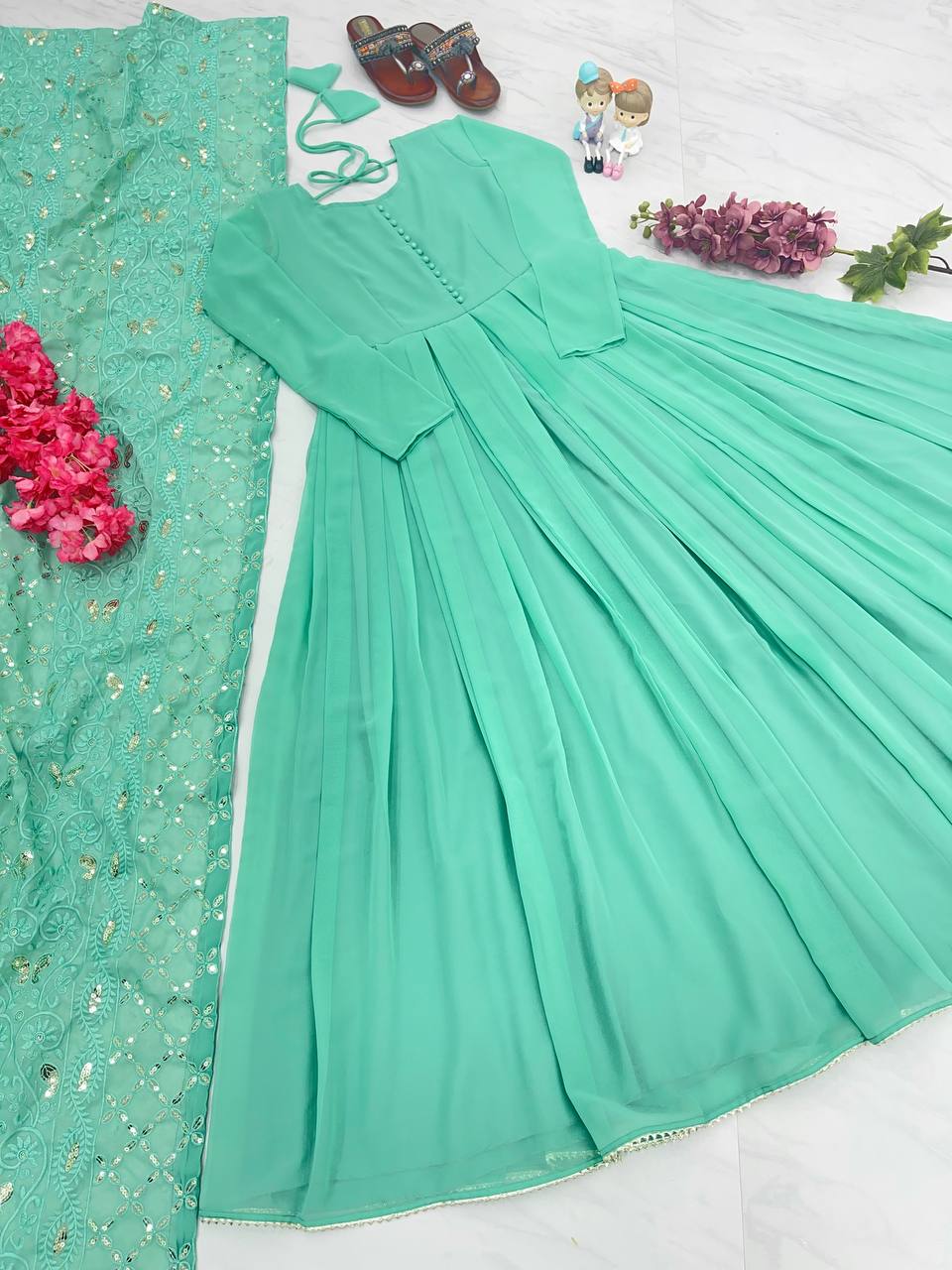 Sky Blue Elegant Designer Party Wear Gown & Dupatta Set
