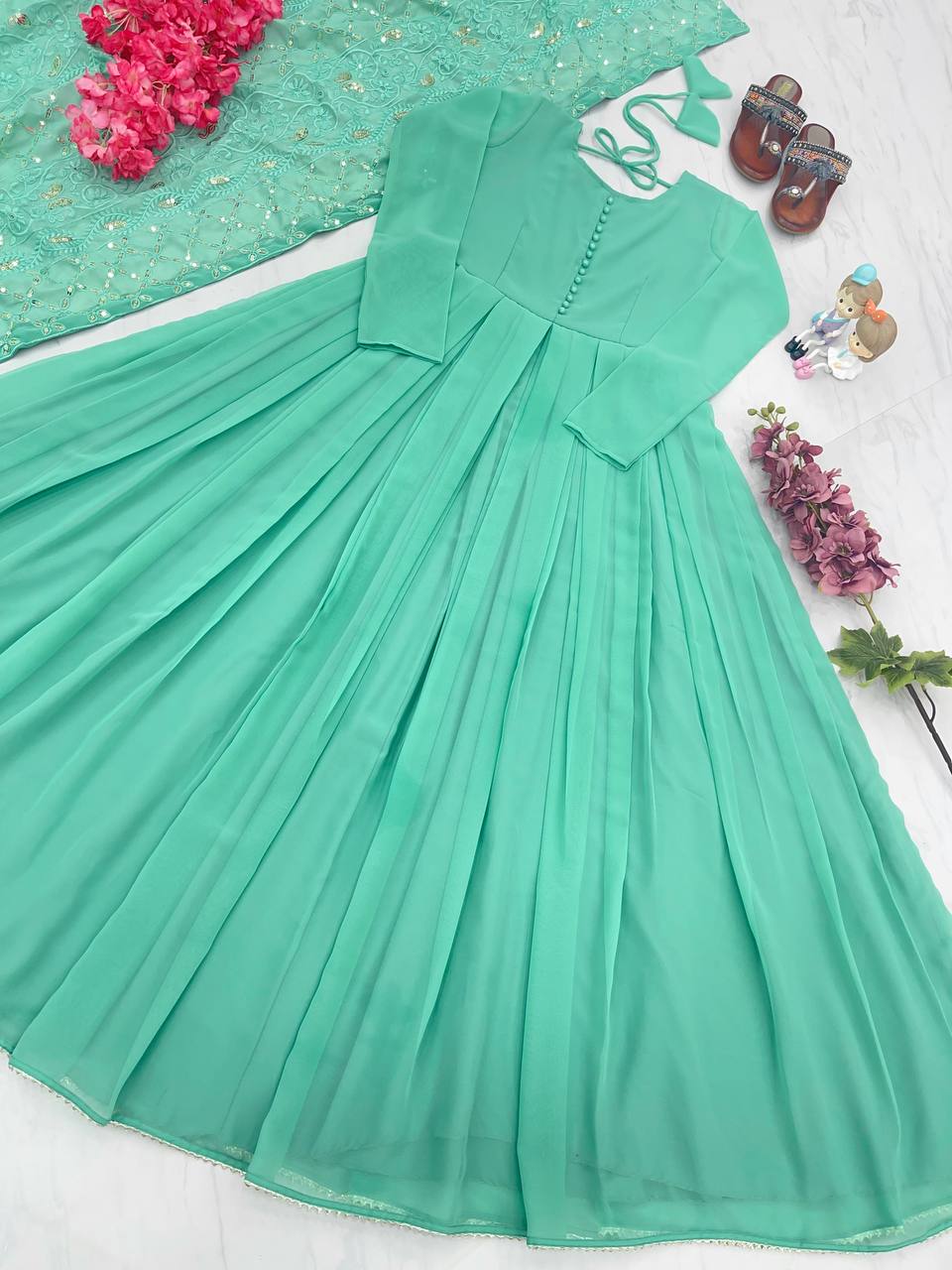 Sky Blue Elegant Designer Party Wear Gown & Dupatta Set