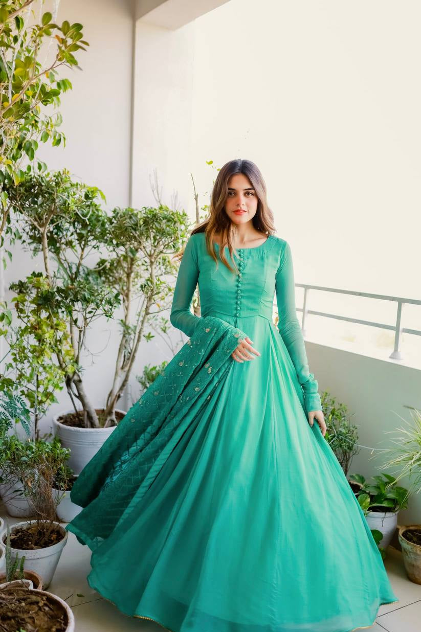 Sky Blue Elegant Designer Party Wear Gown & Dupatta Set