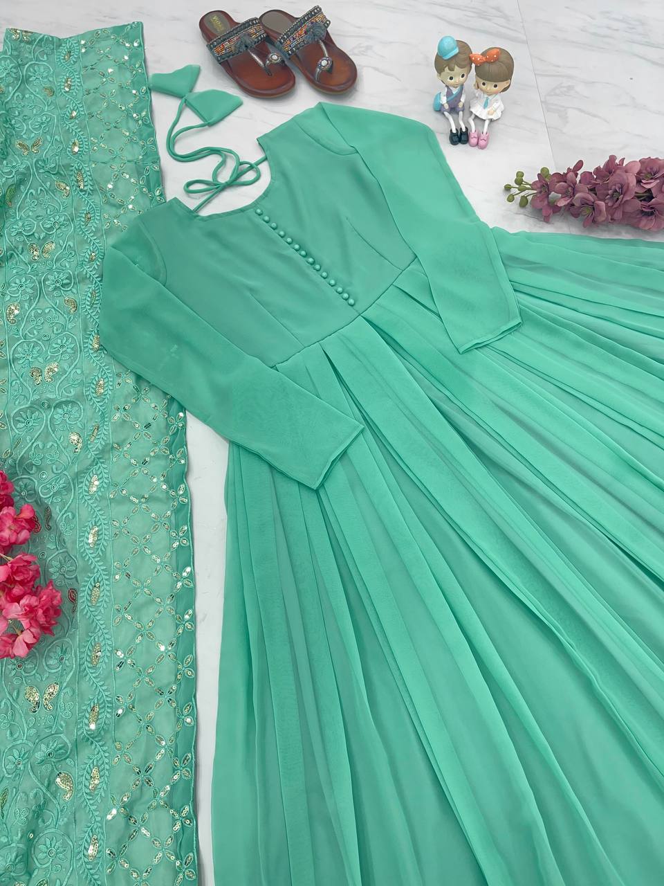 Sky Blue Elegant Designer Party Wear Gown & Dupatta Set