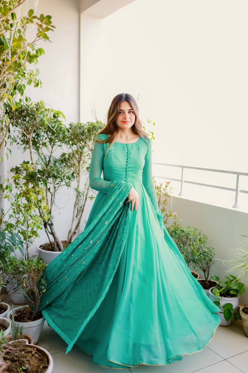 Sky Blue Elegant Designer Party Wear Gown & Dupatta Set