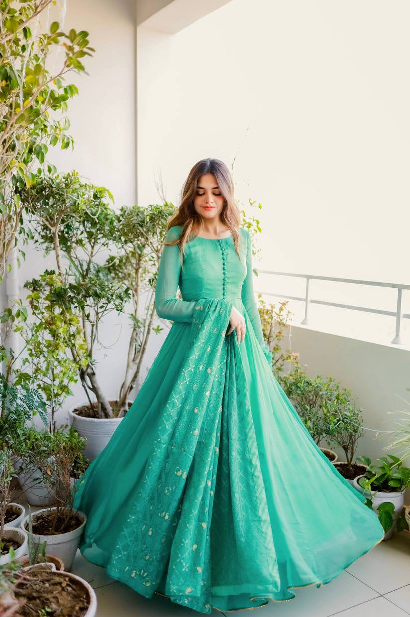 Sky Blue Elegant Designer Party Wear Gown & Dupatta Set
