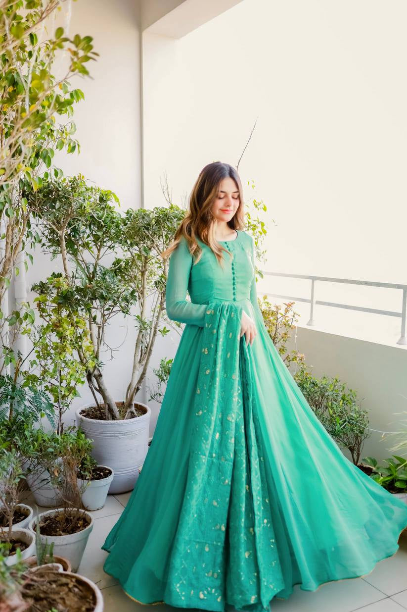 Sky Blue Elegant Designer Party Wear Gown & Dupatta Set