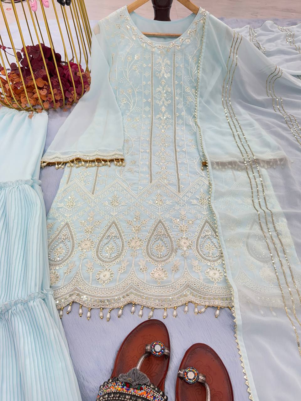 Sky Blue Elegant Designer Party Wear Top, Palazzo & Dupatta Set