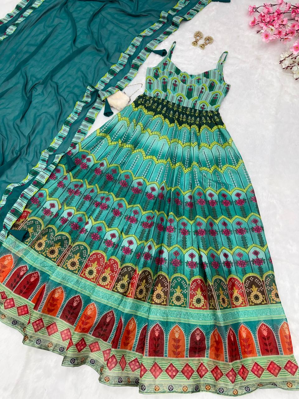 Sky Blue Elegant Digital Printed Organza Anarkali Gown with Georgette Dupatta