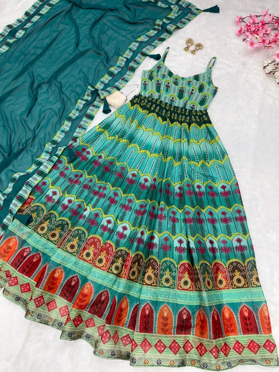 Sky Blue Elegant Digital Printed Organza Anarkali Gown with Georgette Dupatta