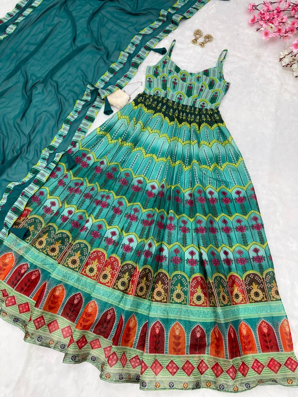 Sky Blue Elegant Digital Printed Organza Anarkali Gown with Georgette Dupatta