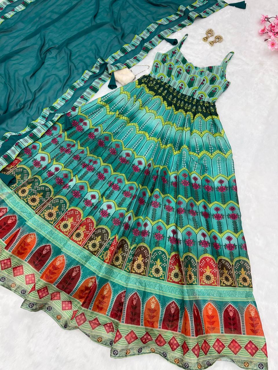 Sky Blue Elegant Digital Printed Organza Anarkali Gown with Georgette Dupatta